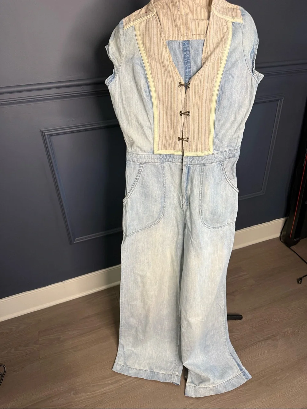 Free People Striped Cream and Light Blue Denim Overlay